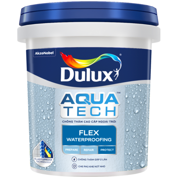 Sơn chống thấm Dulux AquatechTM Flex là sản phẩm chất lượng cao với độ đàn hồi tối đa, chống nước tuyệt đối, giúp bảo vệ ngôi nhà của bạn khỏi ẩm mốc, rỉ sét và hại từ môi trường.